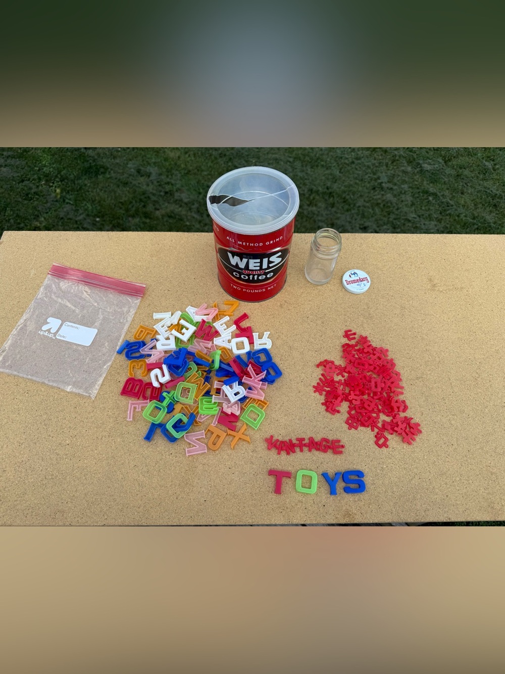 1960’s ABC Letters Red Sign Charms Weis Tin Dromedary Jar Lot